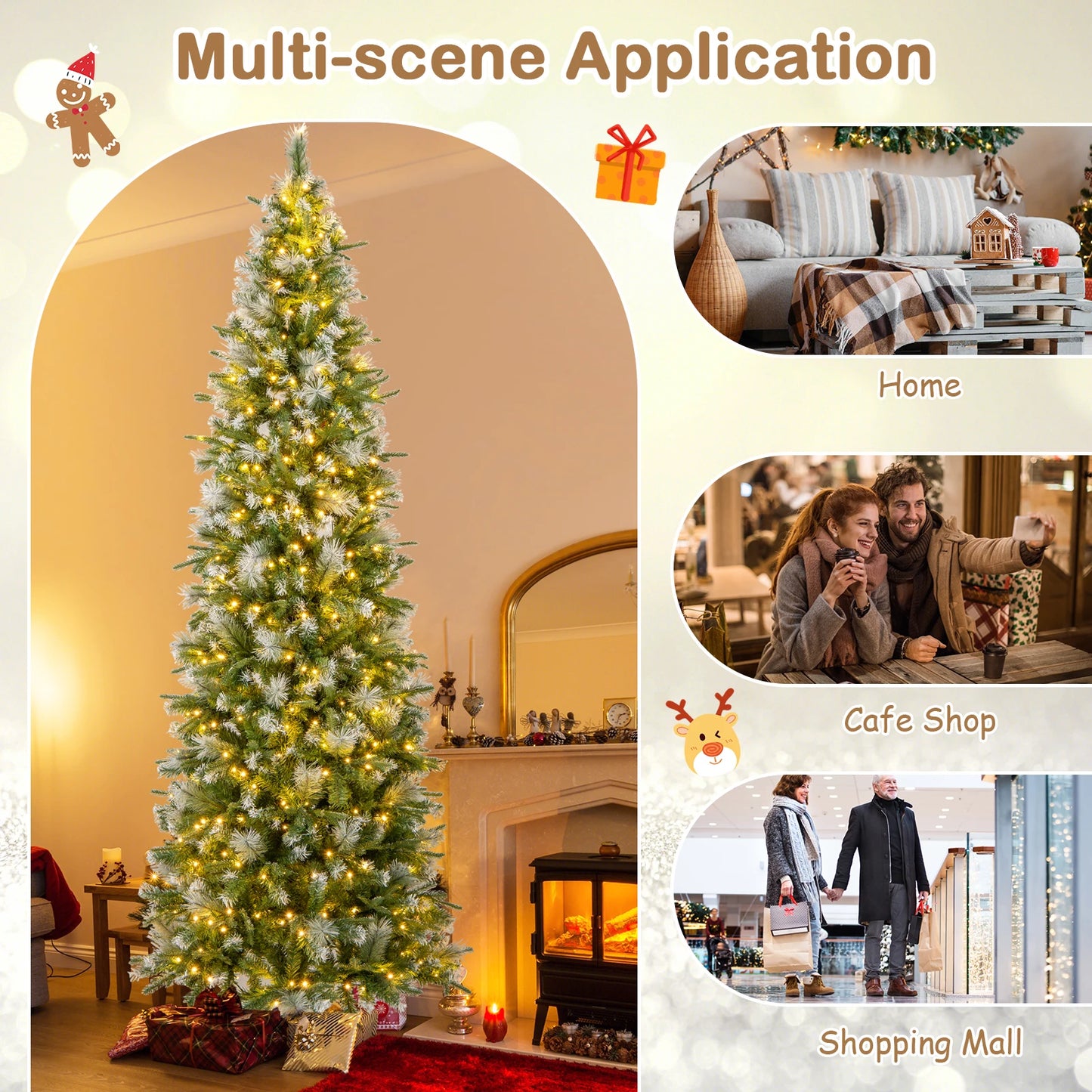 6FT–9FT Pre-Lit Pencil Artificial Christmas Tree Slim Hinged Holiday Tree with Warm LED Lights