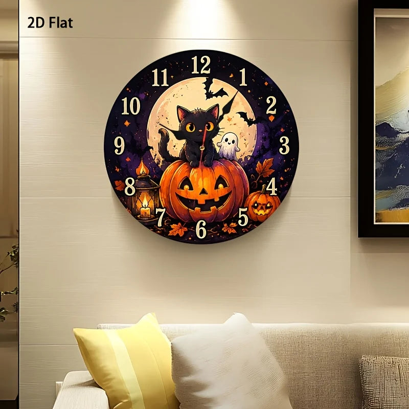 Black Cat & Pumpkin Halloween Wall Clock . Silent Non-Ticking Decorative Clock for Spooky Home Décor