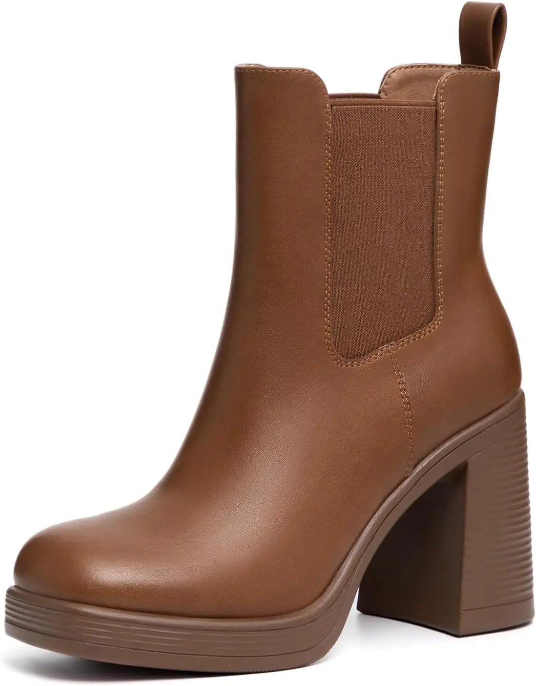 Athlefit Women's Chelsea Platform Boots High Chunky Heel Square Toe Boots Fashion Slip On Elastic Heeled Ankle Booties