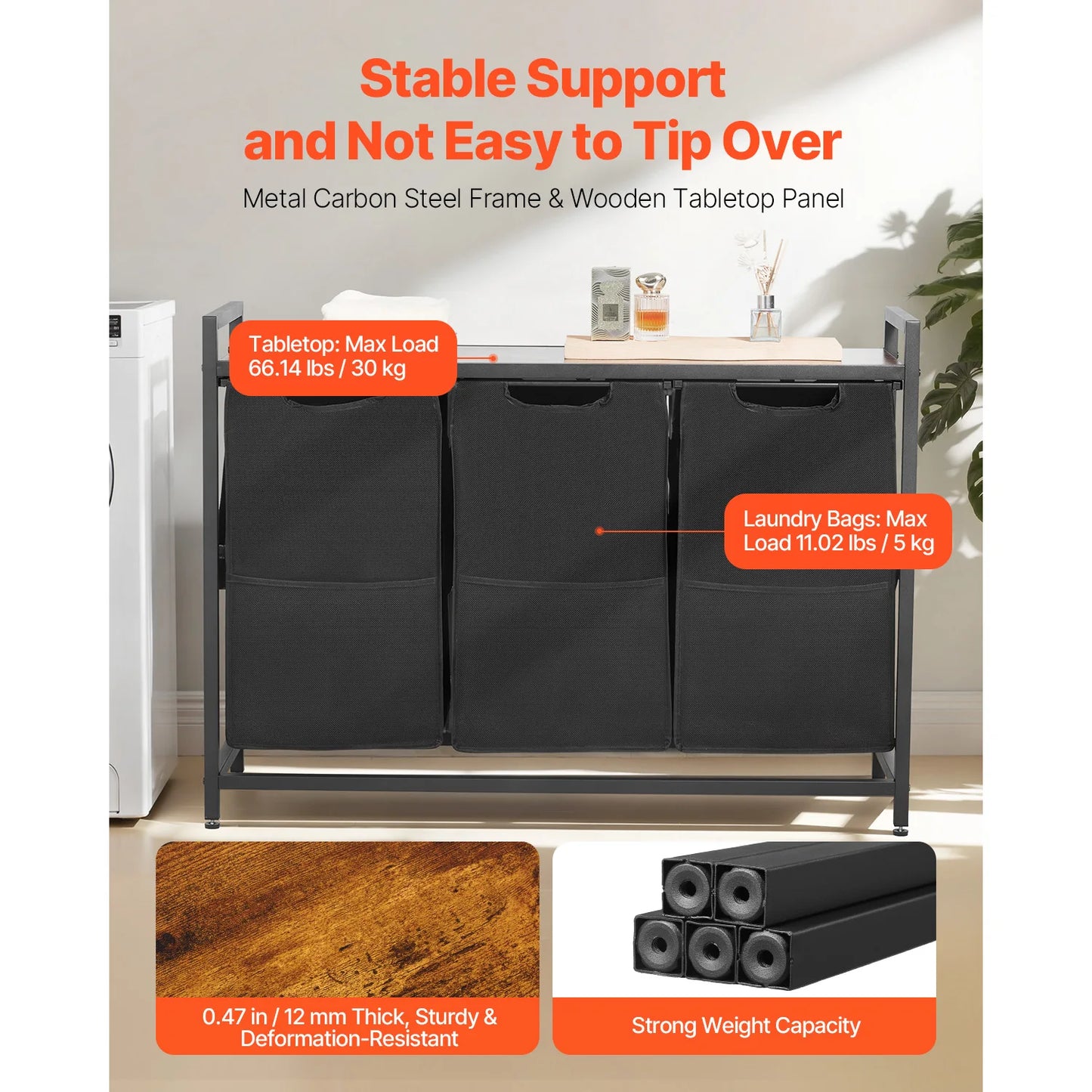 3-Section Laundry Sorter with Storage Shelf. Rolling Laundry Organizer