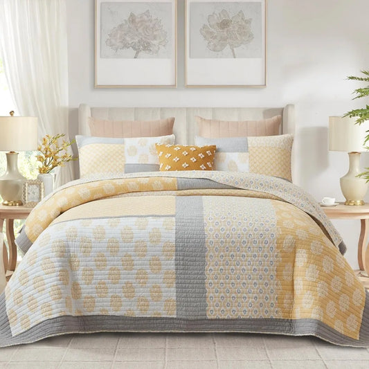 Cotton King Size Quilt, Yellow and Grey Patchwork Bedspread, Lightweight Reversible Farmhouse Style