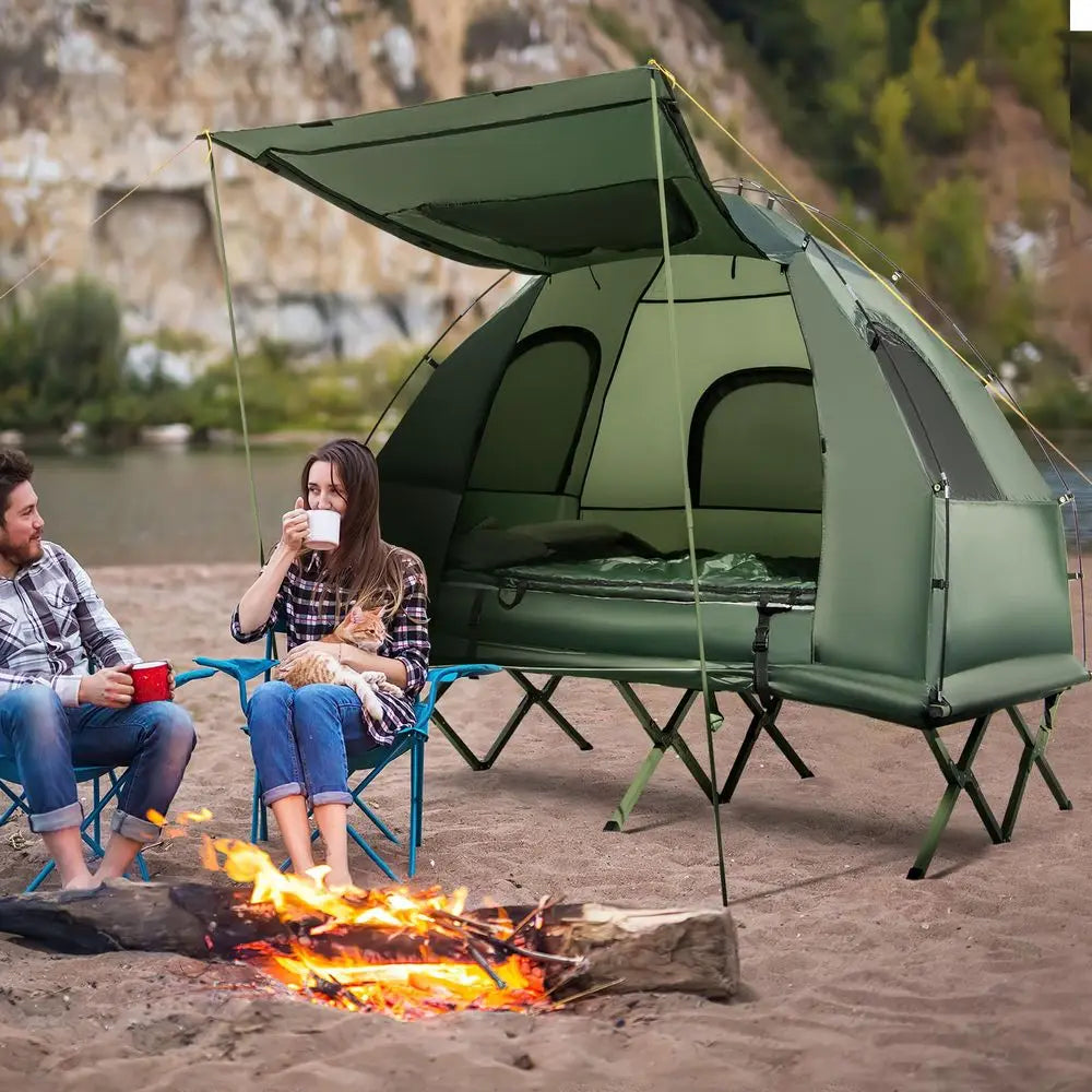 5-in-1 Elevated Camping Tent Cot Combo with Air Mattress, Sleeping Bag, Pillow & Awning