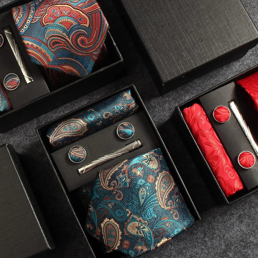 Luxury 100% Silk Paisley Floral Men’s Necktie Set | Business Tie with Matching Pocket Square & Formal Accessories