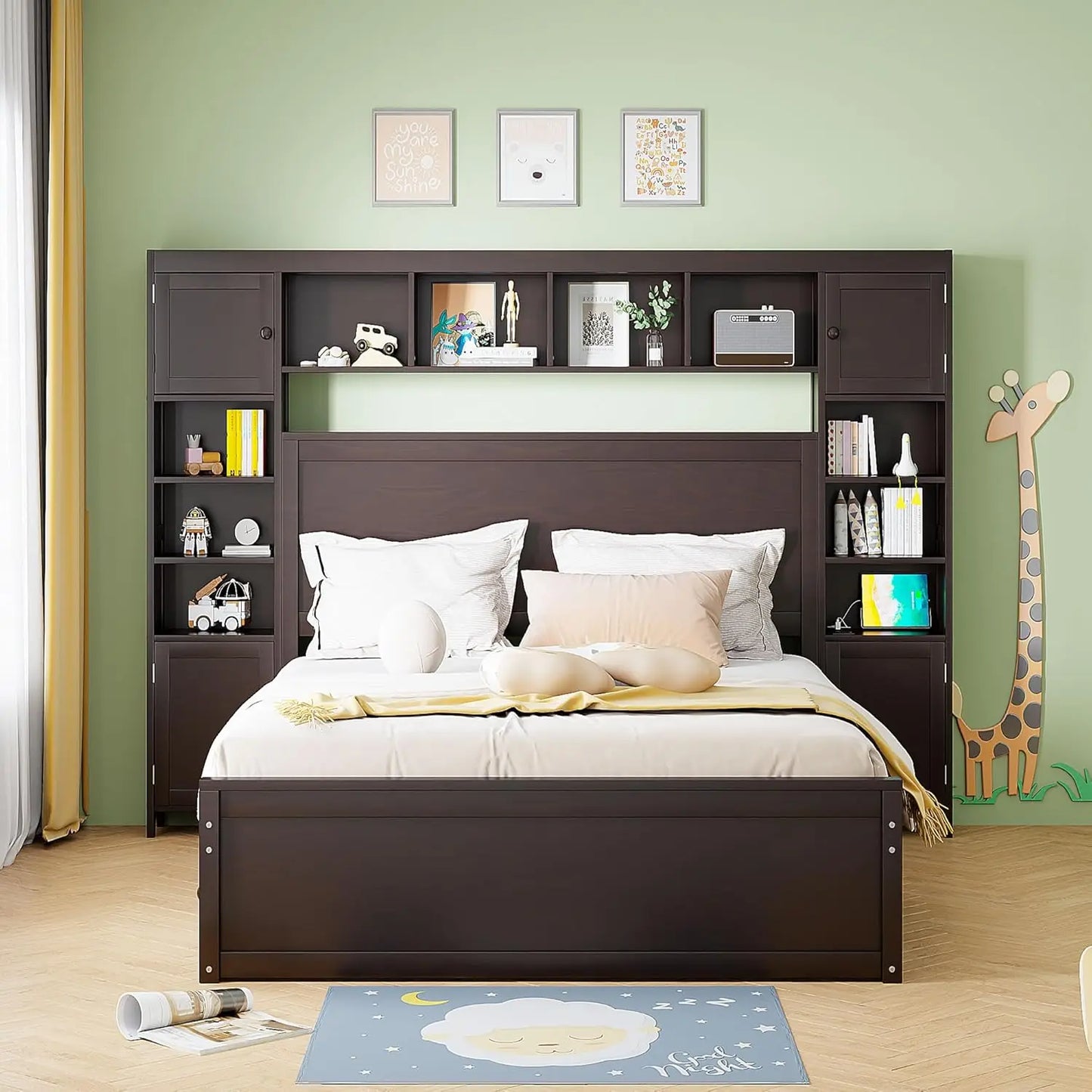 Storage Bed with Bookcase Headboard Platform Bed with Trundle and 2 Storage Drawers Solid Wood Bed Frame with Cabinet and Shelf