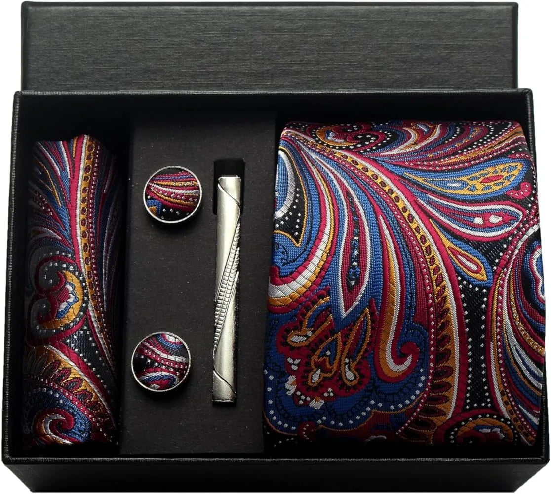 Luxury 100% Silk Paisley Floral Men’s Necktie Set | Business Tie with Matching Pocket Square & Formal Accessories
