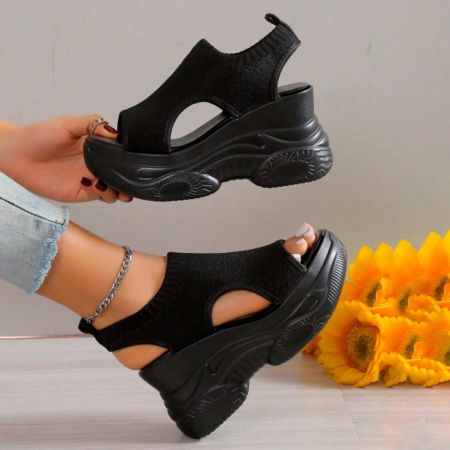 Thick Soled Sandals For Women Summer Mesh Breathable Peep Toe Sloping Heel Sandals Plus Size Sports Walking Mesh Flat Shoes