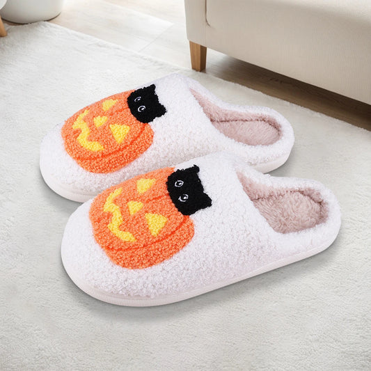 Halloween Plush Slippers Anti Slip Comfortable Furry Slippers Pumpkin Cat Pattern Warm Slip-On House Shoes for Winter Autumn