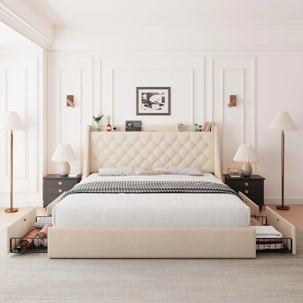 Feonase King-Size Upholstered Bed Frame with Four Storage Drawers, Wingback Headboard, and Charging Station