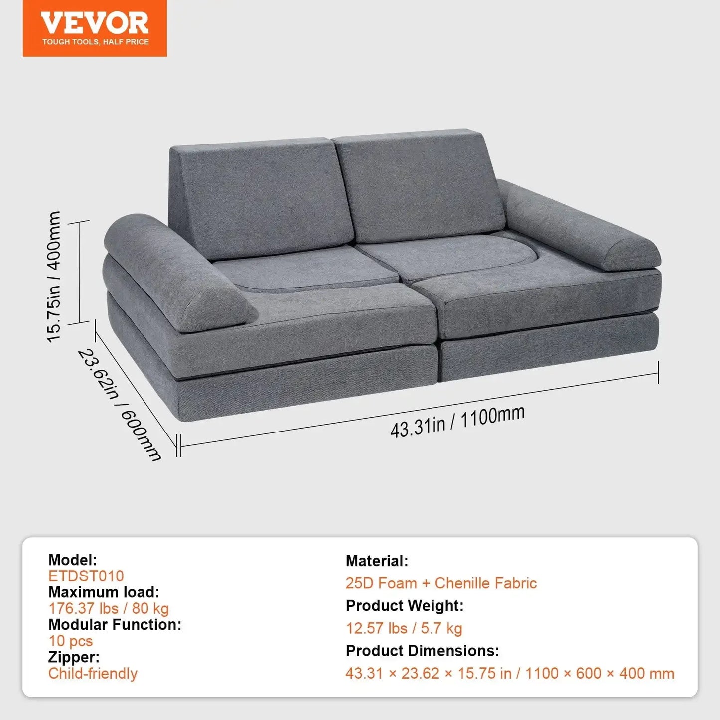 Kids Couch, 10Pcs Modular Kids Play Couch, Toddler Couch Sofa Bed, Kids Chair Seat Playroom Furniture, Grey