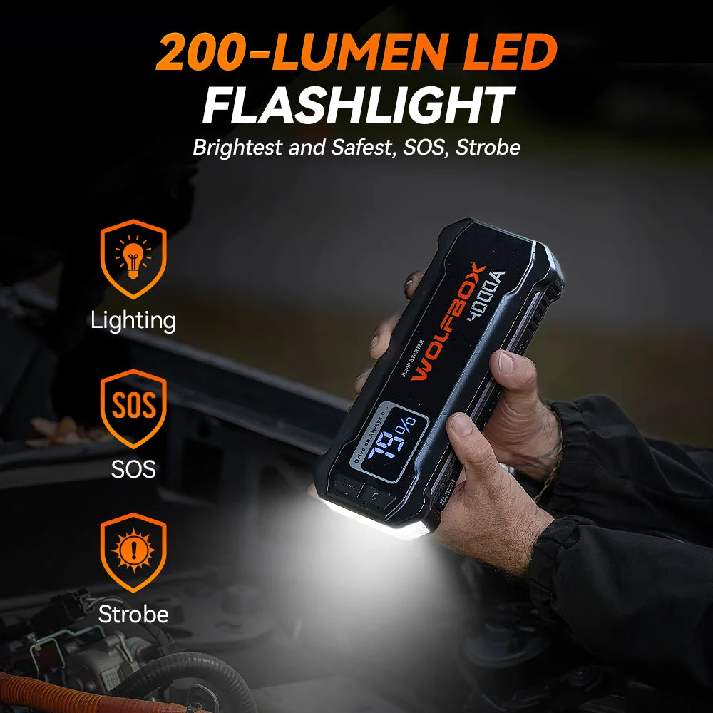 4000A Portable Car Jump Starter Battery Pack .12V Battery Booster, USB Fast Charger & LED Emergency Light