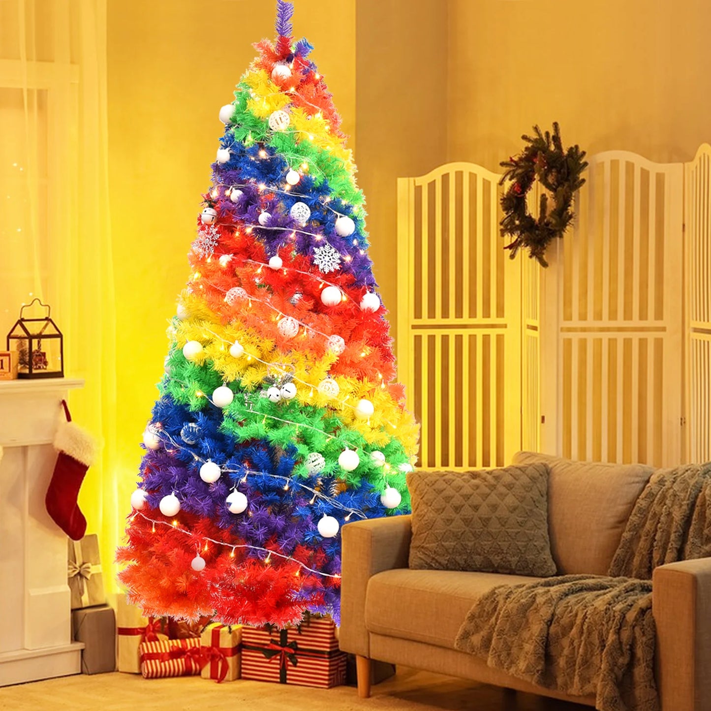 7FT Rainbow Artificial Christmas Tree . Vibrant Full Pine Holiday Tree for Festive Home Décor