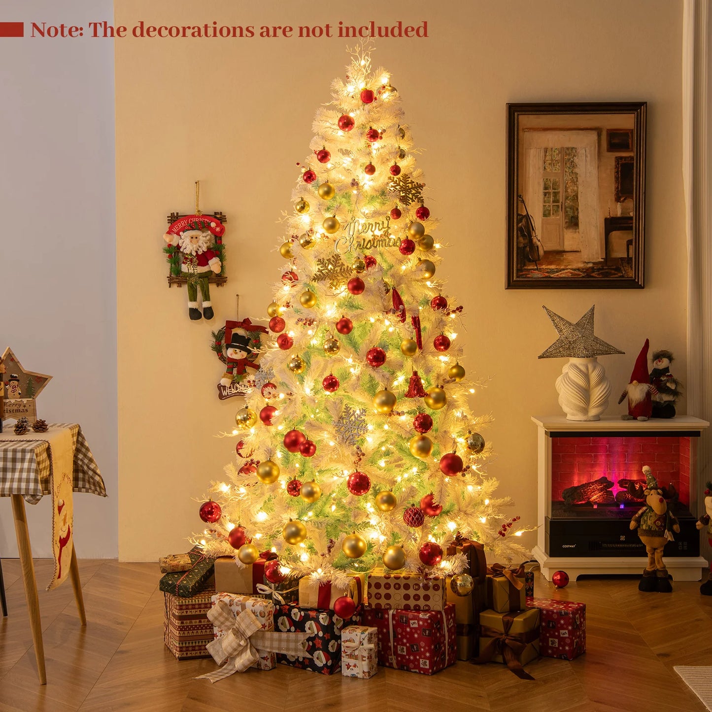 6FT–7FT Pre-Lit Snow Flocked Artificial Christmas Tree . Premium Holiday Tree with Warm White Lights  Description:
