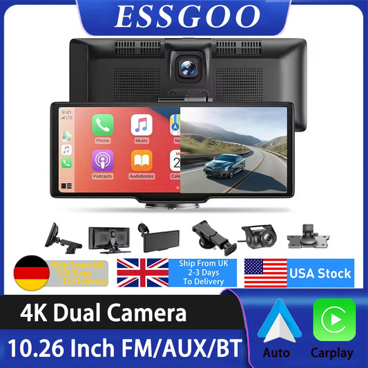XGODY 10.26" 4K Dash Cam Wireless Carplay Android Auto Car DVR WiFi Navigation Rearview Camera Dashboard Video