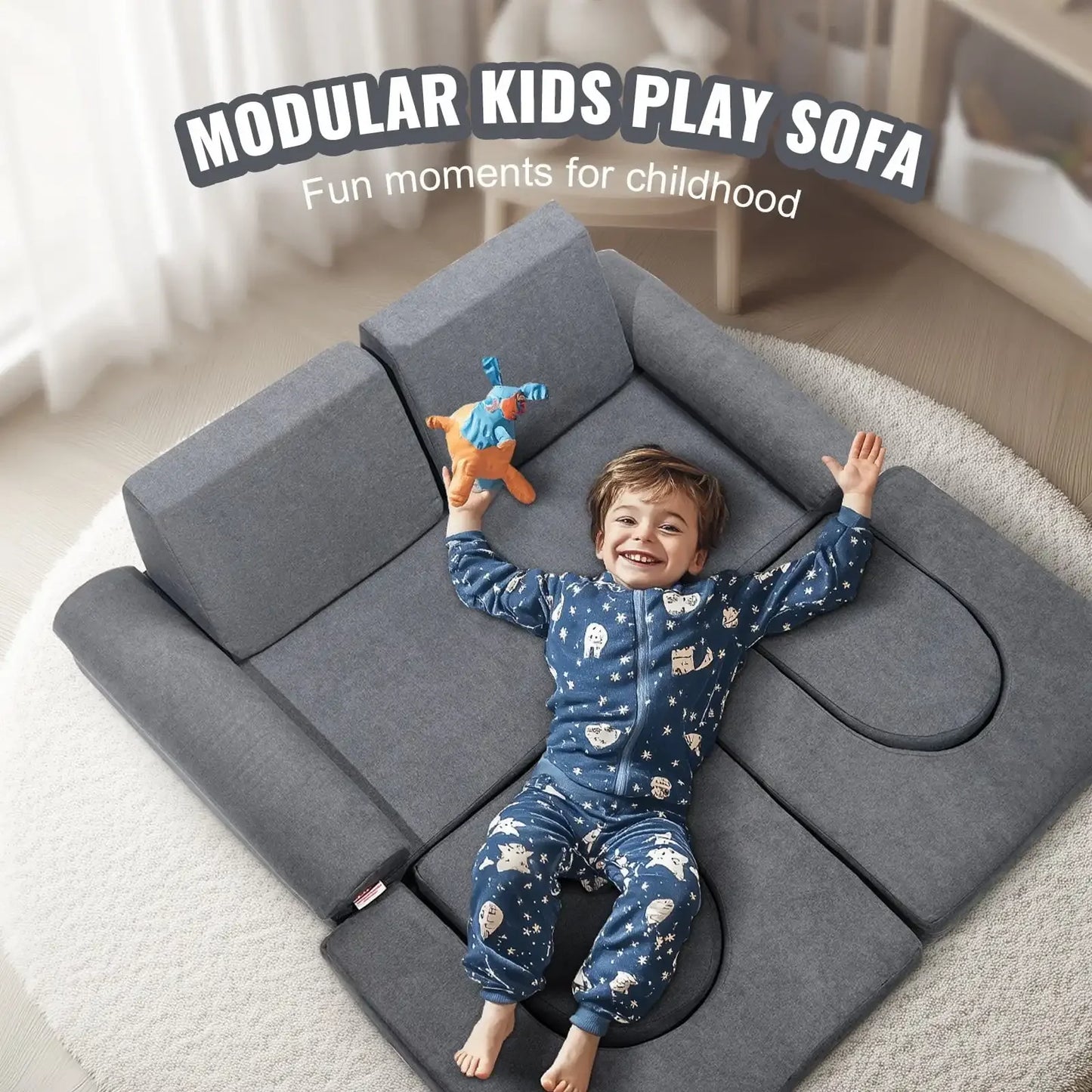 Kids Couch, 10Pcs Modular Kids Play Couch, Toddler Couch Sofa Bed, Kids Chair Seat Playroom Furniture, Grey