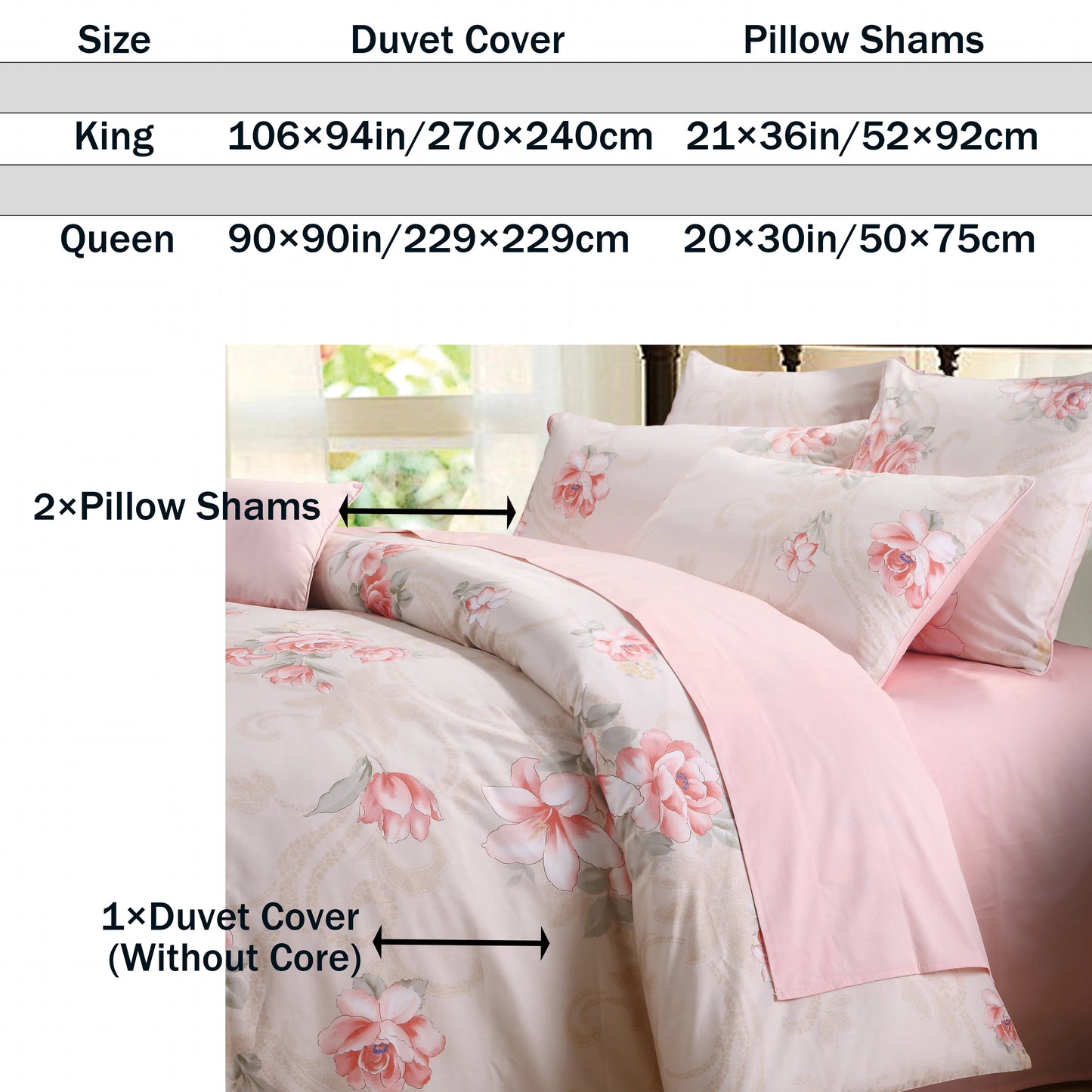3pcs 600TC 100% Egyptian Cotton Duvet Cover Set, Pink Blooming Rose Pattern, Soft Skin-Friendly (No Inserts)