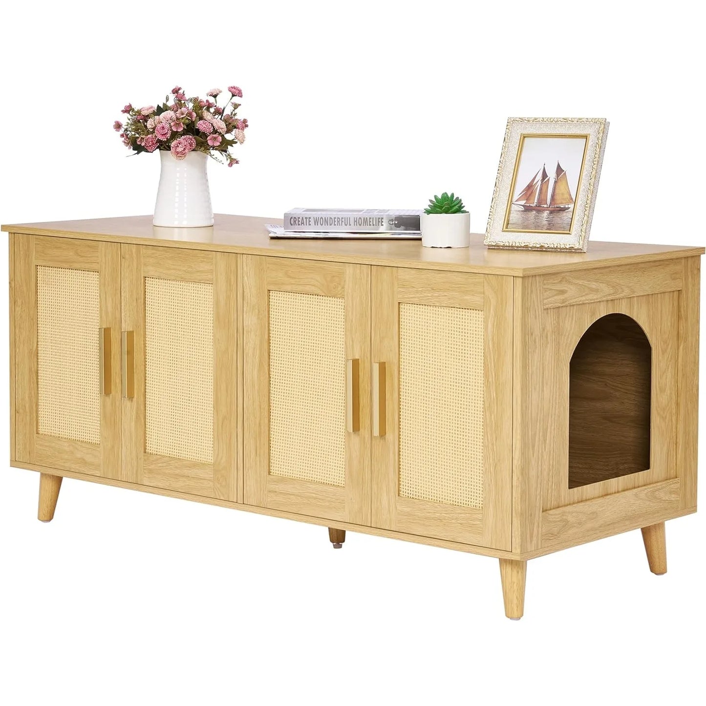 Homhedy Boho Cat Litter Box Enclosure for 2 Cats Litter Box Furniture Hidden with Double Rattan Decorated Doors,Wooden Cat
