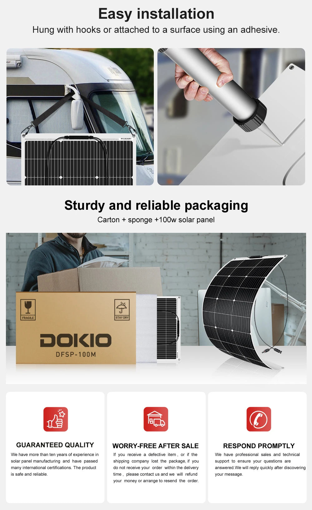 Dokio 18V 100W Flexible Monocrystalline Silicon Solar Panel Rechargeable 12V Battery Waterproof Solar Panel China