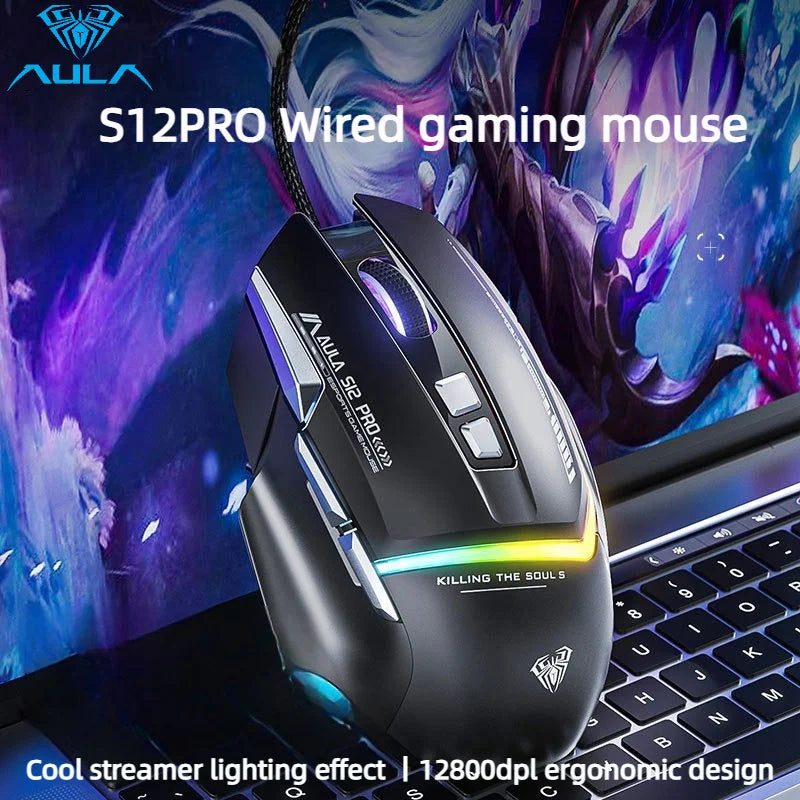 AULA S12Pro RGB Gaming Mouse .12800 DPI High-Speed Wired Mouse with Low Latency Performance