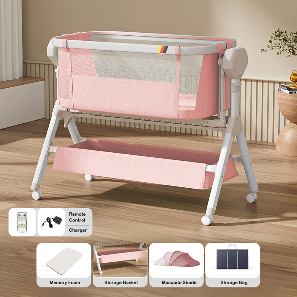 Electric Rocking Baby Bassinet & Bedside Sleeper for Newborns with Storage Basket