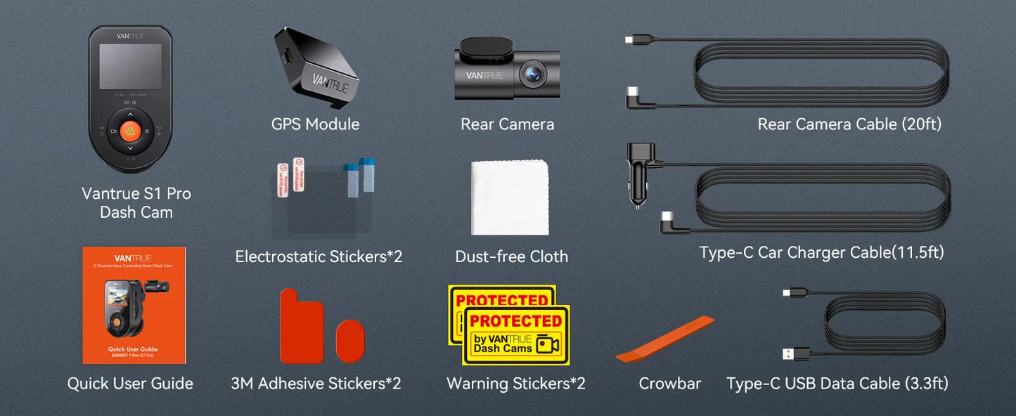 Vantrue S1pro Dashcam 2.7K Front and Rear 5G WiFi 60FPS Hidden Dash Camera HDR Night Vision STARVIS 2 GPS Voice Control