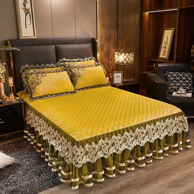 Luxury Gold Embroidered Velvet Quilted Bedspread Set