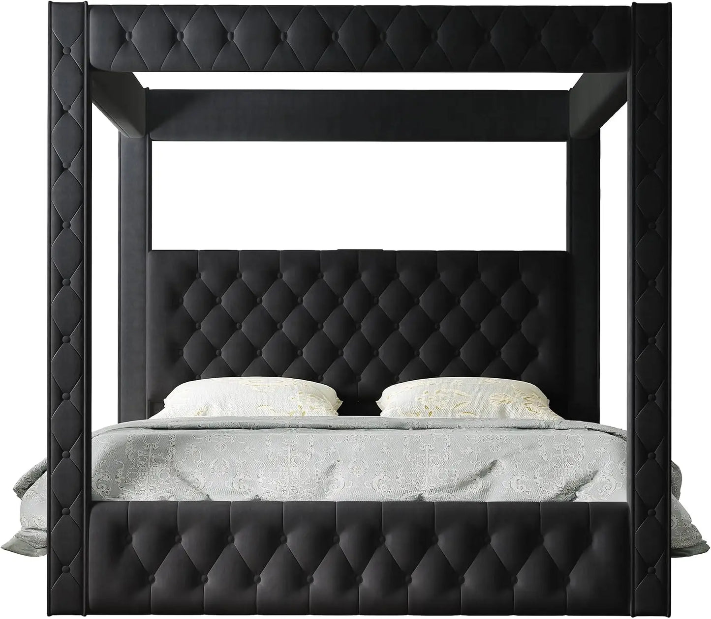 Velvet Upholstered Canopy Bed Frame with Padded Headboard