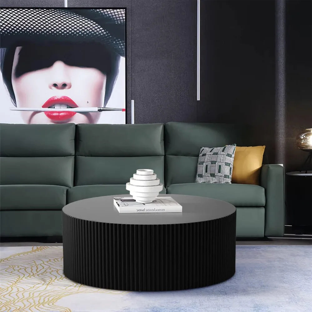 Round Coffee Table, Modern Black Side Table End Table for Living Room, Wood Circle Drum Coffee Table with Handcrafted Relief,