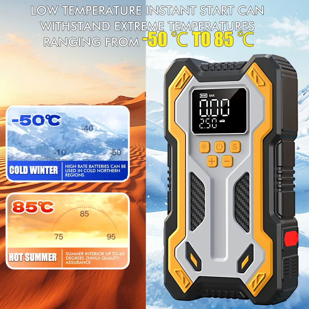Portable Car Jump Starter with Digital Tire Inflator | 12V Battery Booster Pack | Air Compressor | LED Flashlight | USB Power Bank