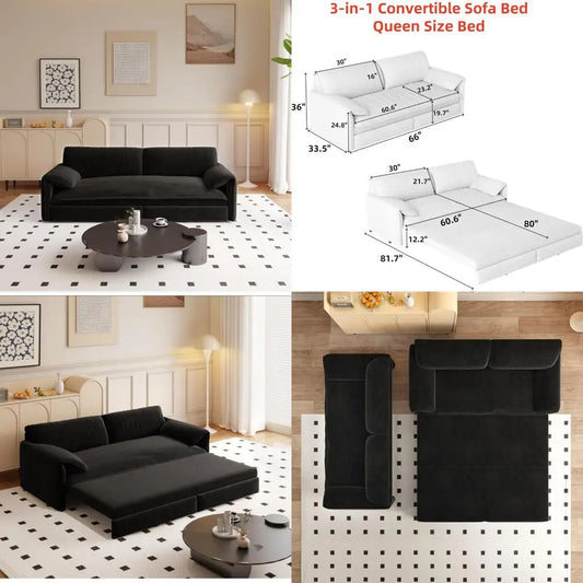 66" queen size convertible sofa bed with storage, modern velvet sleeper loveseat for living room