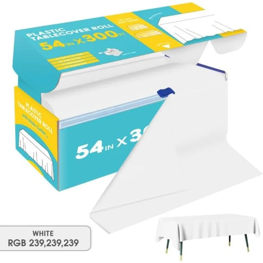 White Plastic Table Cover Roll 54IN x 300FT Disposable Table Cloth with Slide Cutter for Rectangle Tables CuttoSize Design Idea