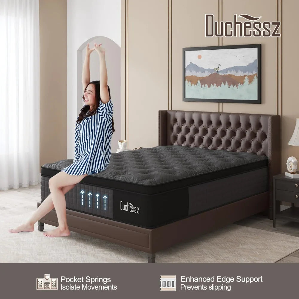 Queen Mattress, 14 Inch Hybrid Mattresses Black with Gel Memory Foam and Individually Pocket Innerspring Euro Top Medium Firm fo