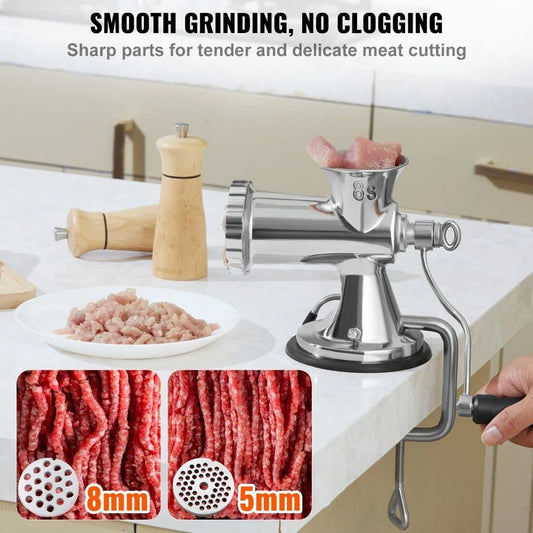 Manual Meat Grinder, 304 Stainless Steel Hand Meat Grinder with Suction Cup + Steel Table Clamp, Meat Mincer Sausage Maker