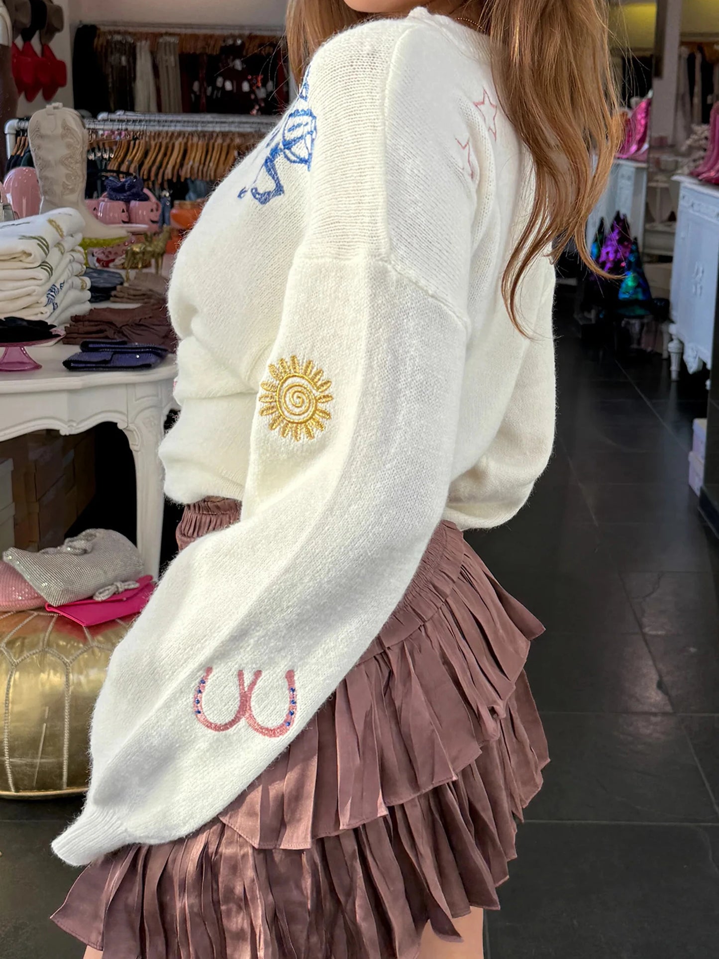 Women s Winter Cozy Sweater Floral Embroidery Long Sleeve V-Neck Knitwear Pullover with Pom Pom Detail