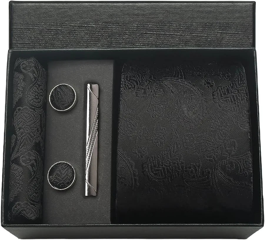 Luxury 100% Silk Paisley Floral Men’s Necktie Set | Business Tie with Matching Pocket Square & Formal Accessories