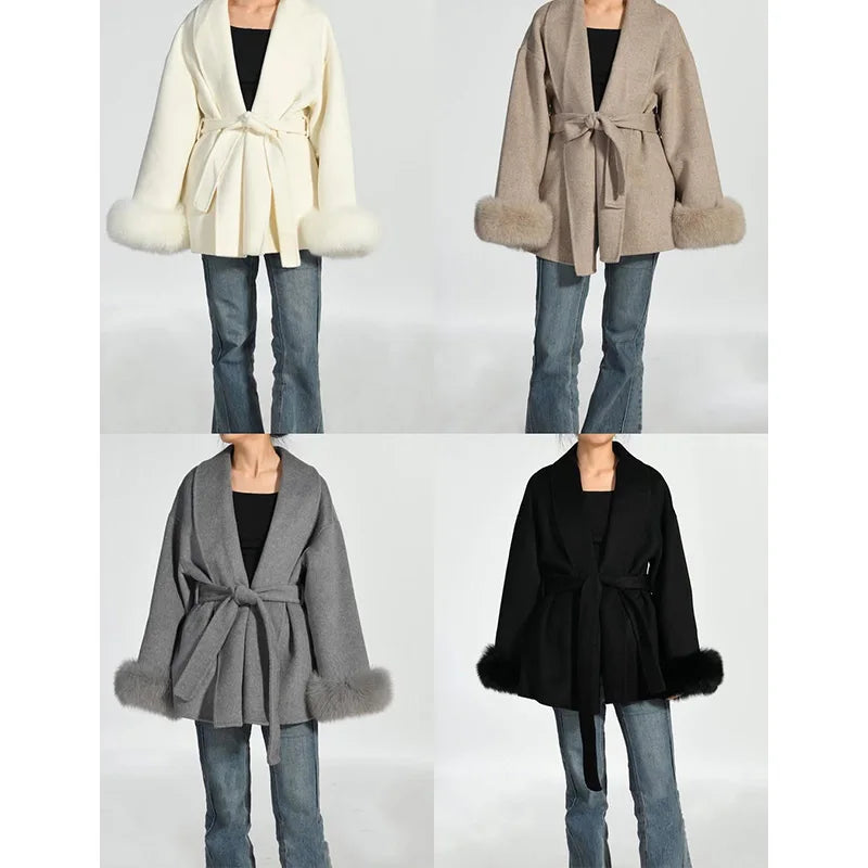 Women's Short Faux Fur Coat – Elegant Belted Winter Jacket with Shawl Collar