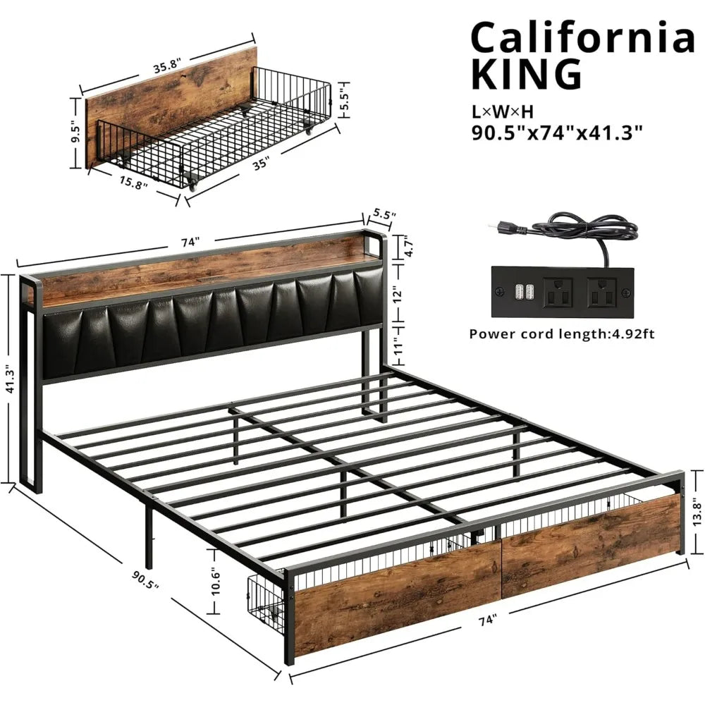 "california king platform bed frame with storage headboard and charging station, drawers included, no box spring required"