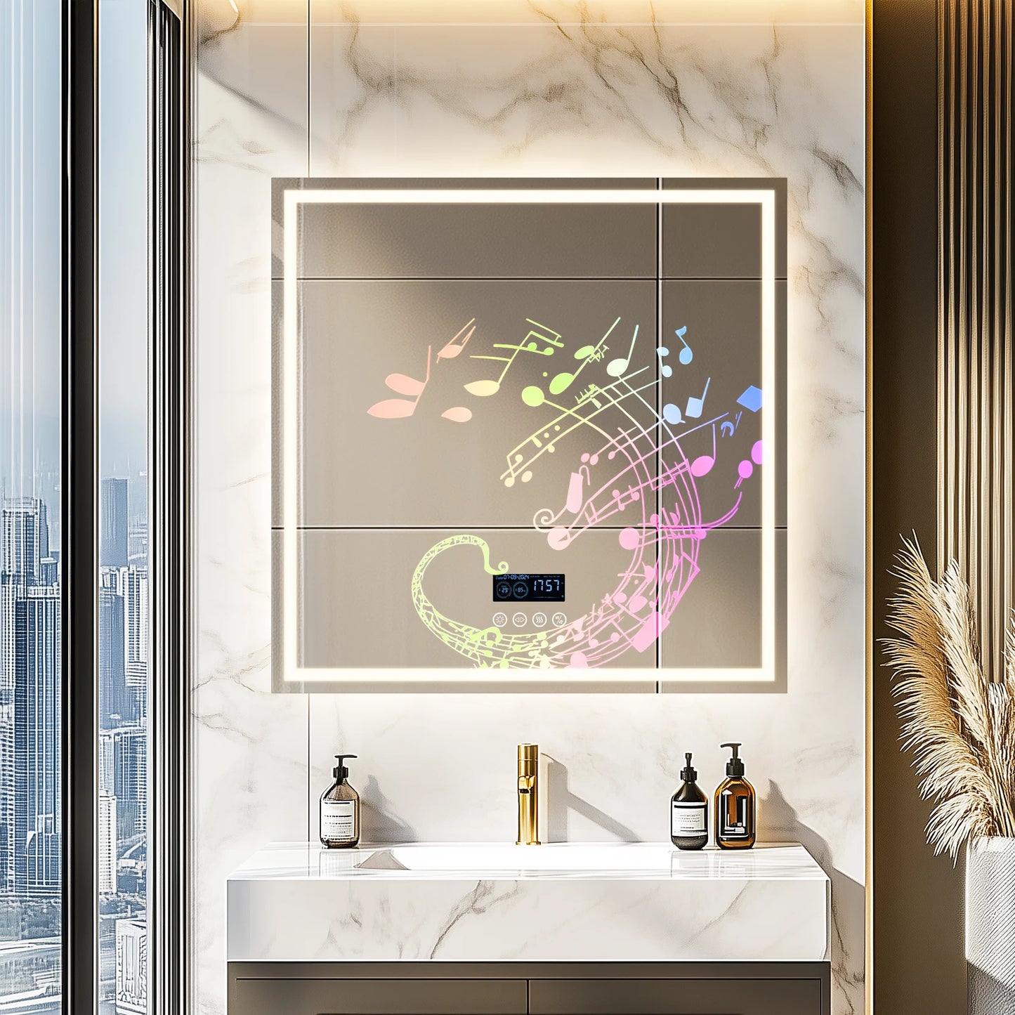 LED Bathroom Mirror 800mm Square Wall Bluetooth Clock
