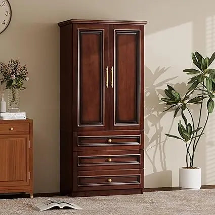 Solid Wood Armoire Wardrobe Closet, 2 Door Modern Solid Wood Wardrobe Cabinet with 2 Drawers, Armoire Closet with Hanging Rods C