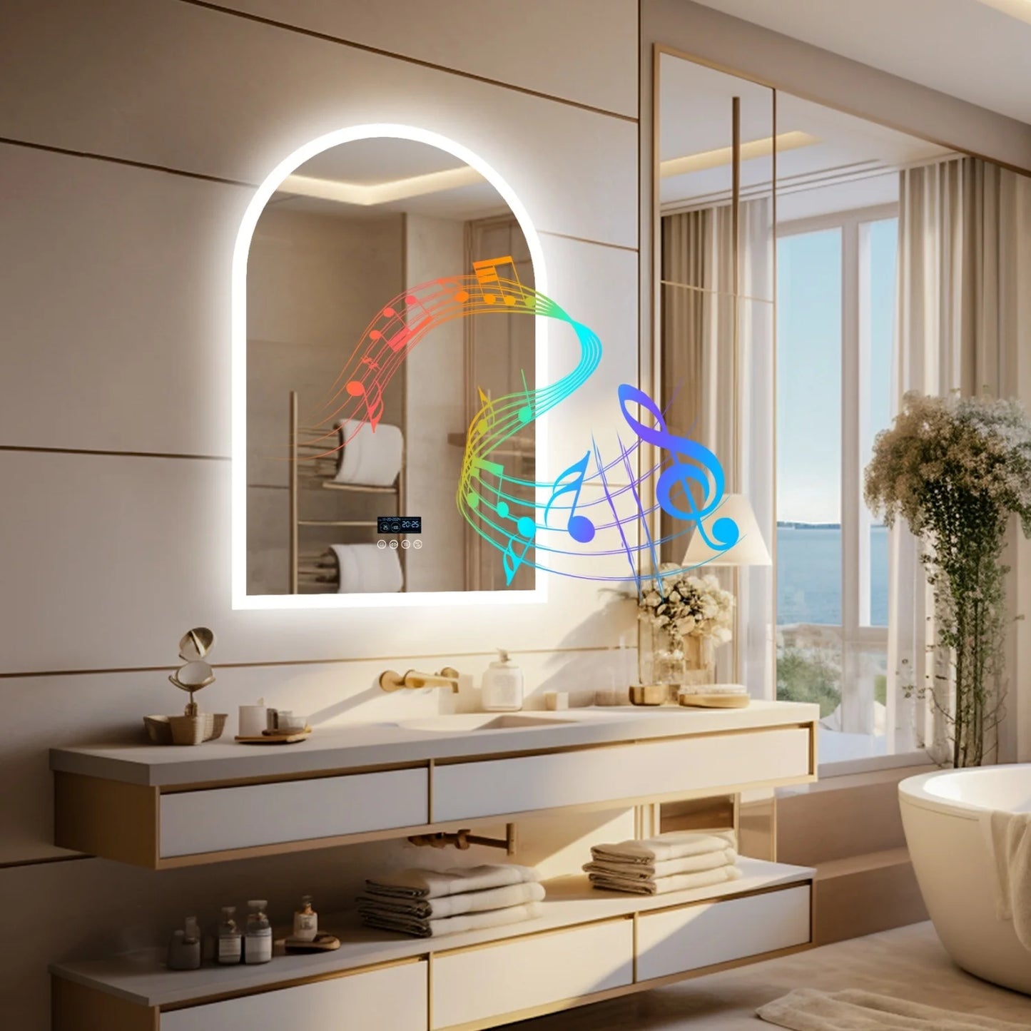 Arched LED Bathroom Mirror With Bluetooth Display Date Time