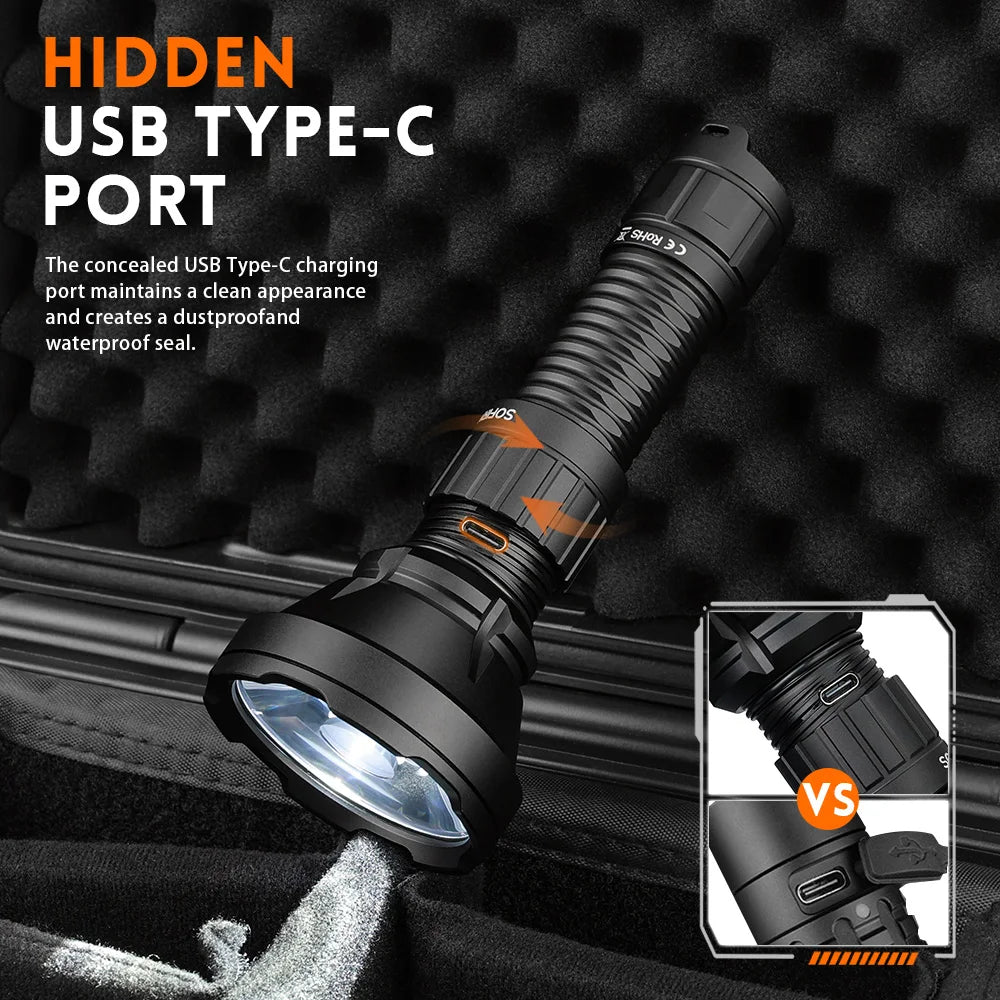 USB-C Rechargeable Tactical Flashlight .2000 Lumens Long-Range LED Torch