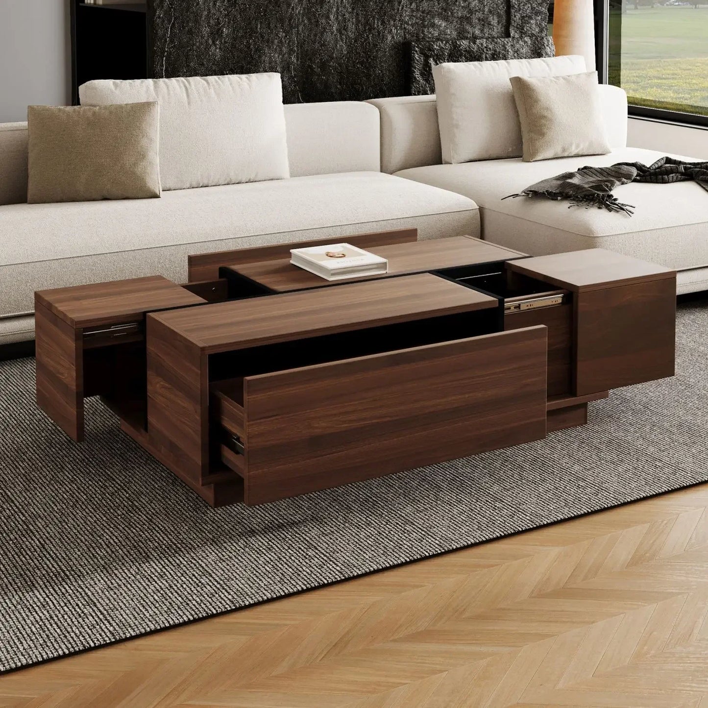 Rectangular Sliding Top Coffee Table with 2 Drawers and 2 Hidden Storage for Living Room 47.2" (Walnut),Café Tables