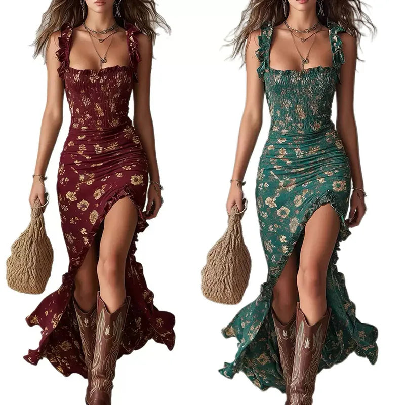Women’s Boho Floral Maxi Dress | Sleeveless High Slit Summer Beach Dress
