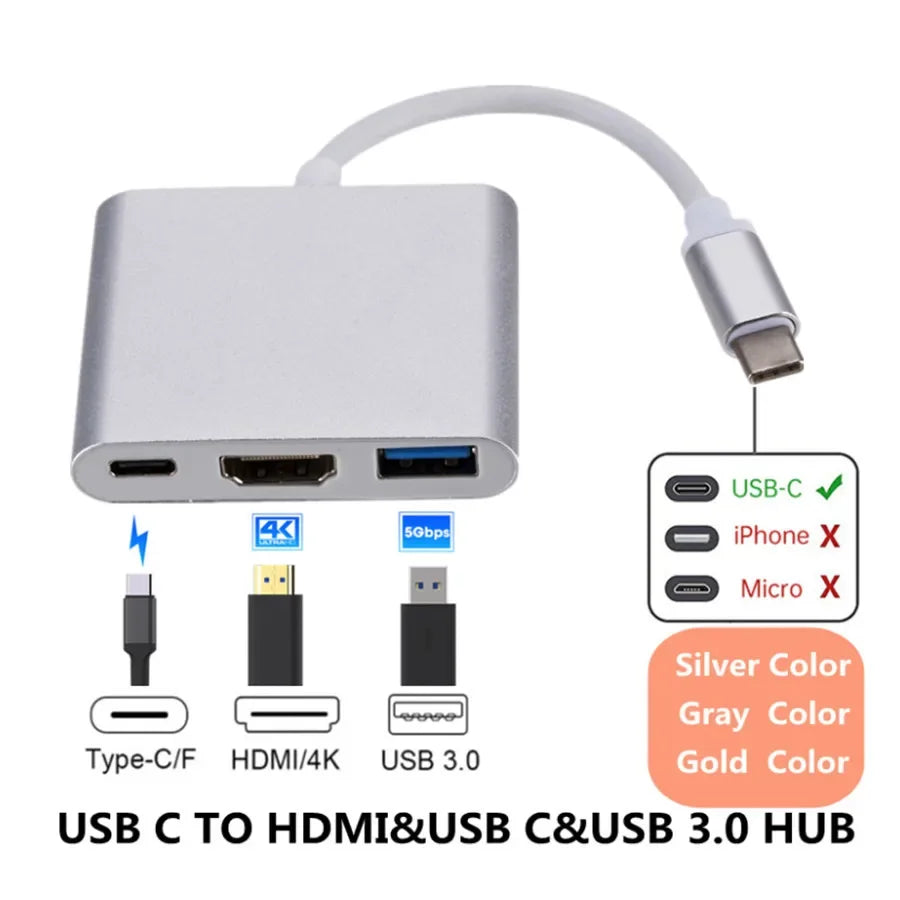 3-in-1 USB-C Hub with 4K HDMI Output, USB 3.0 Port & USB-C Power Delivery Adapter for Laptops, Tablets & Workstations