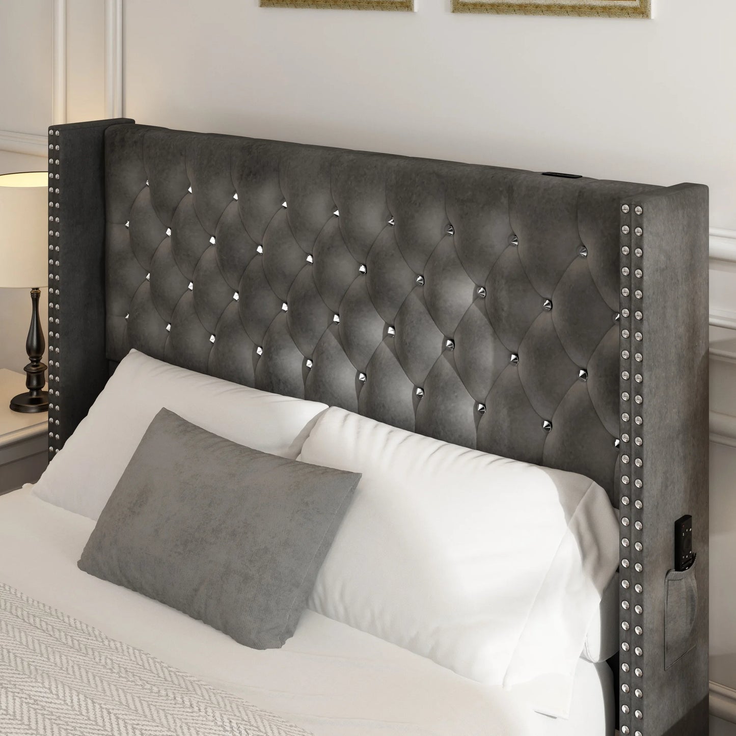 Bed Frame Queen Size with Wingback Headboard & LED Lights & Charging Station Modern Upholstered Platform with Diamond Button Tuf