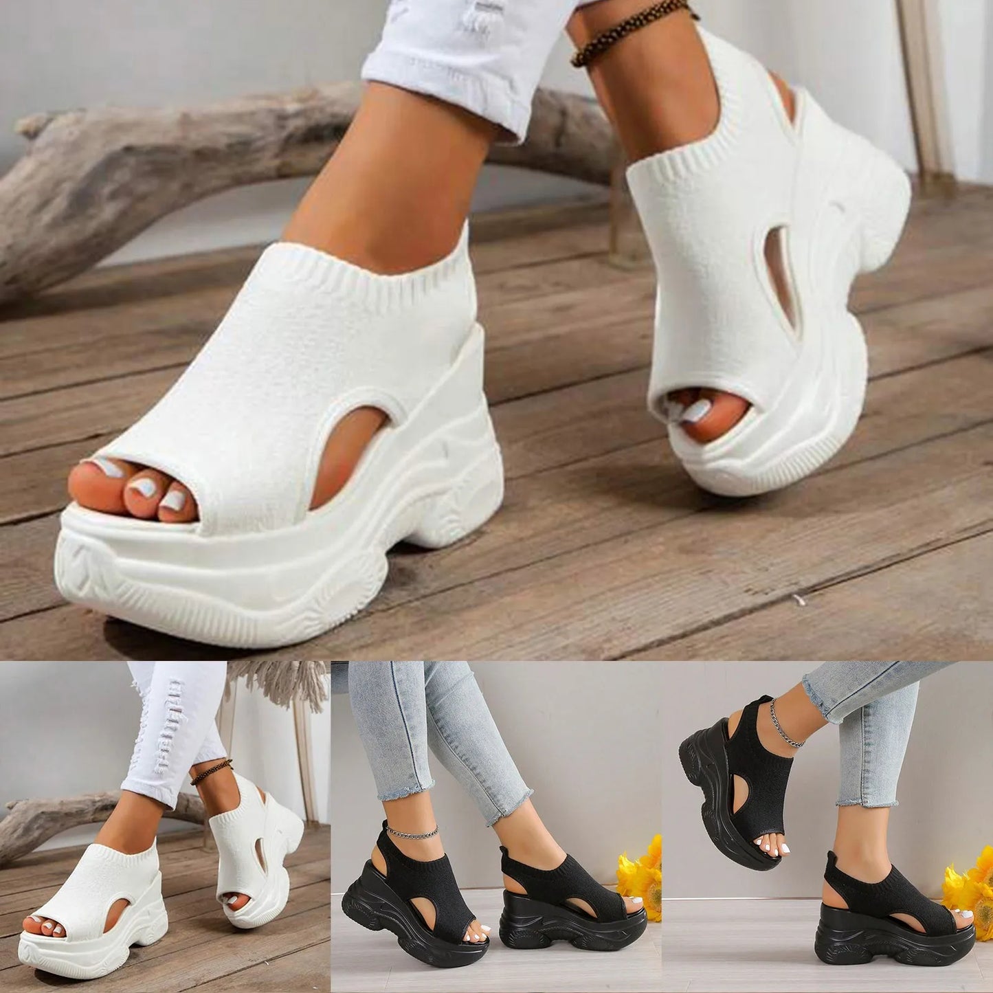 Thick Soled Sandals For Women Summer Mesh Breathable Peep Toe Sloping Heel Sandals Plus Size Sports Walking Mesh Flat Shoes