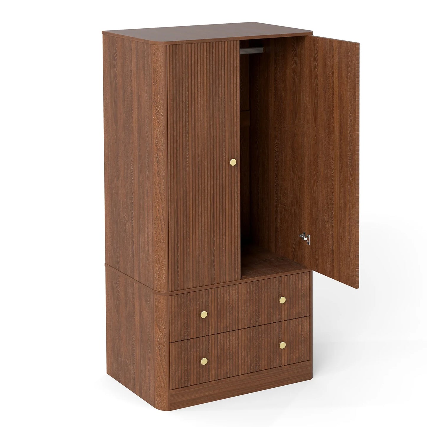Clothing Wardrobe 2 Doors 2 Drawers Elegant Wooden Freestanding Storage Cabinet for Bedroom Living Room Office Walnut