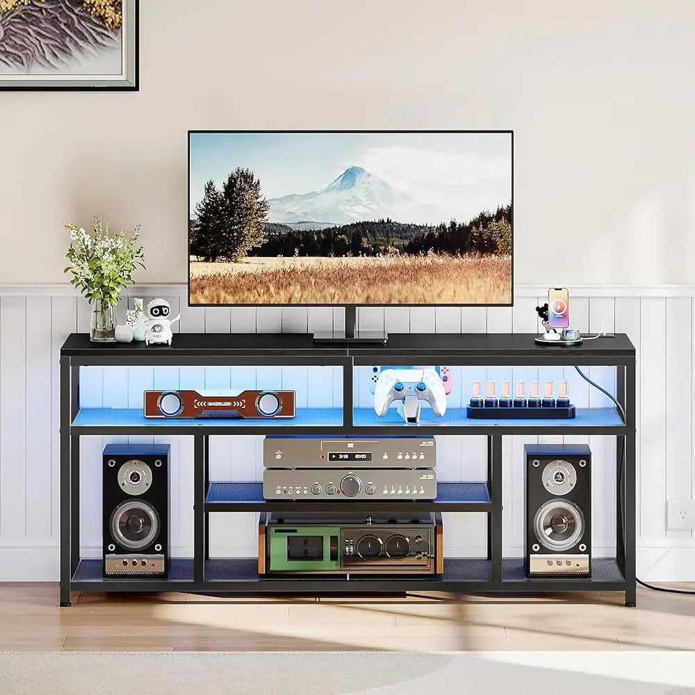 Led Tv Stand With Charging Station, 4-Tier Entertainment Gaming Center, Modern Media Console Table, Open Shelves, 55.1""L X