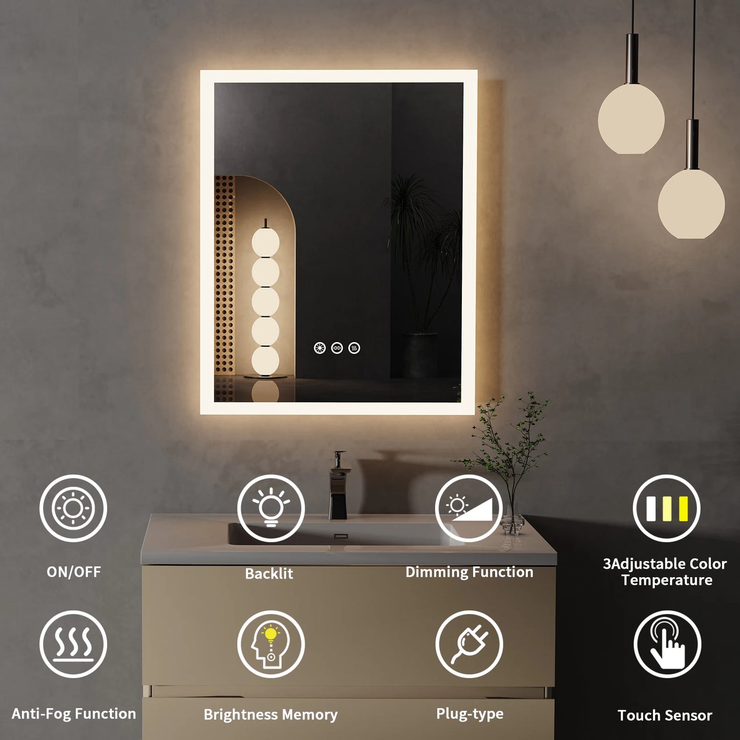 LED 16x20 Vanity Mirror Wall Mounted With Anti Fog Memory