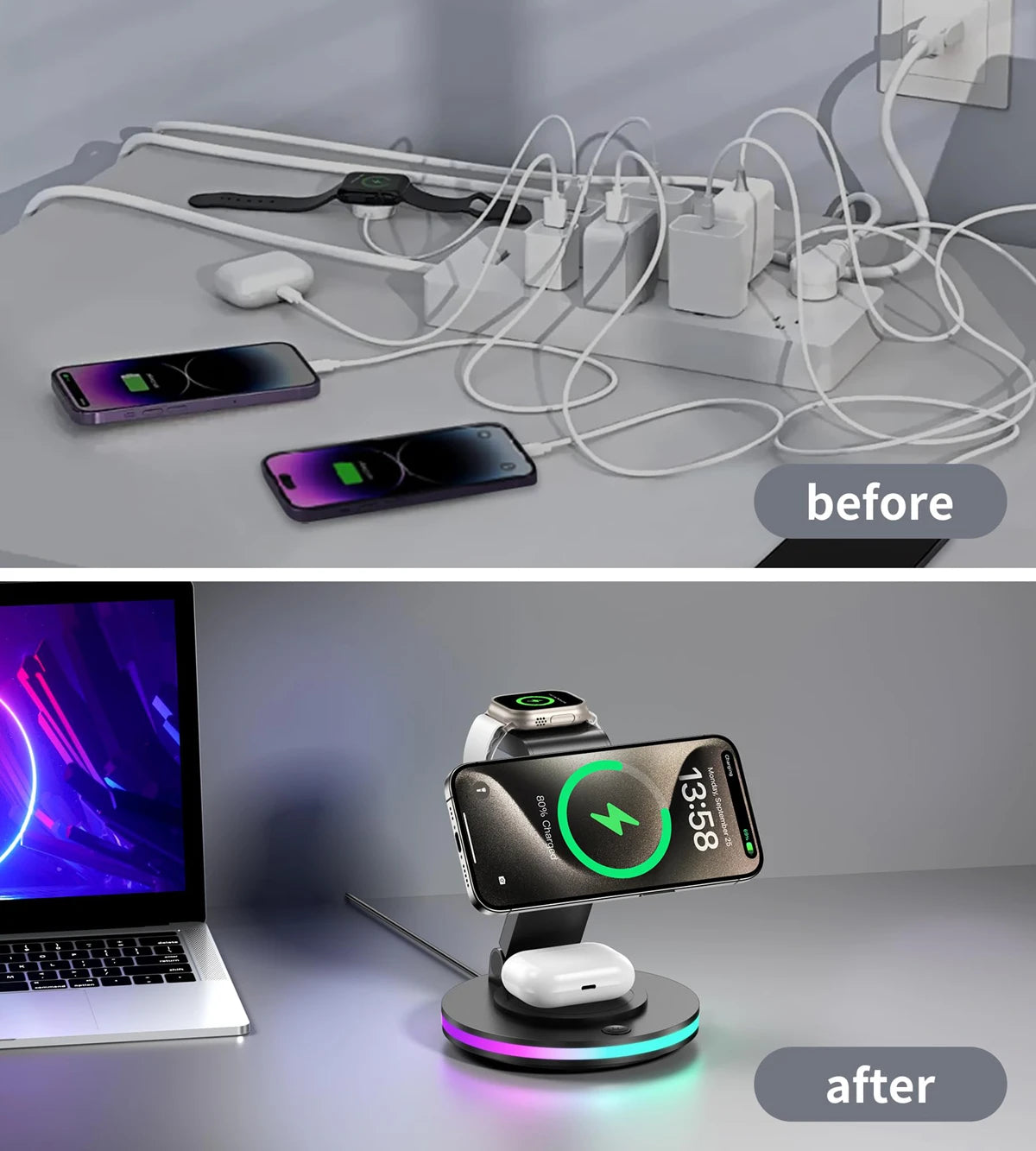 4 in 1 Wireless Charging Station For iPhone 16 15 14 13 12 For MagSafe Magnetic Charger Rotatable Holder Dock With Ambient Light