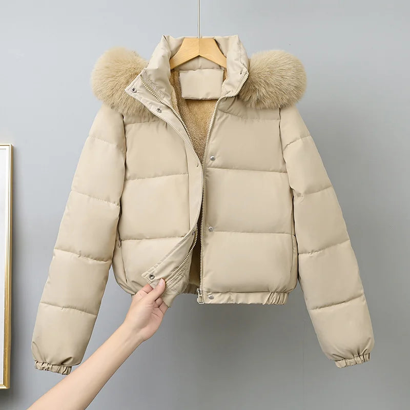 Women's Short Hooded Puffer Jacket. Cotton-Padded Winter Parka with Faux Fur Trim